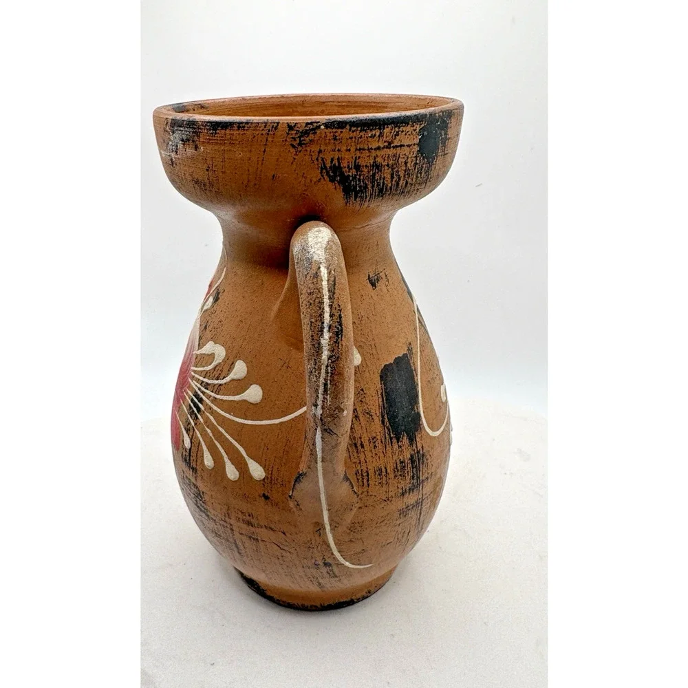 Vintage Double Handled Vase Made In Italy Clay Handmade Handpainted Rose Flower